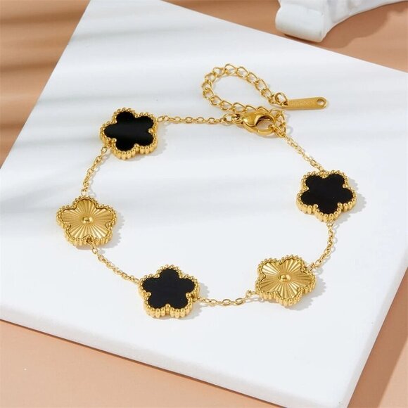 Gold-Toned Stainless Steel Black & Gold Flower Motif Bracelet - Picture 3 of 3